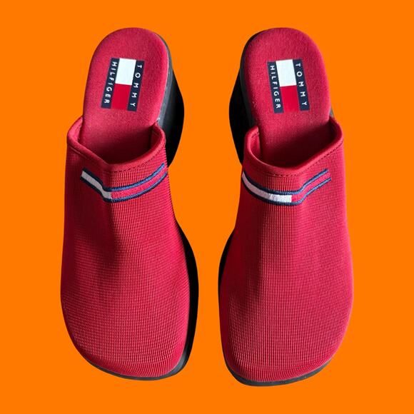 90's vintage red platform mules chunky clogs US Size 7 Tommy Hilfiger - Picture 3 of 8